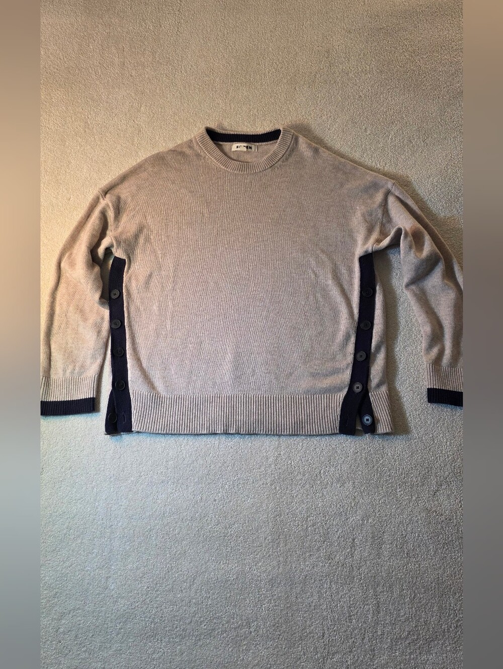 Boden Alma Contrast Trim Jumper Cream/Navy Wool Cashmere Sweater Womens L